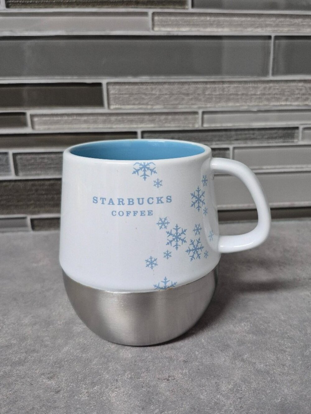 2007 Starbucks Coffee Mug with Blue Snowflakes and Stainless Steel Bottom
